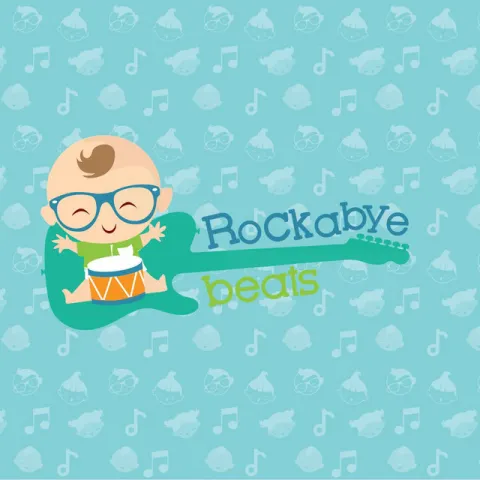 A baby with a drum sits inside the outline of a guitar on a blue background.