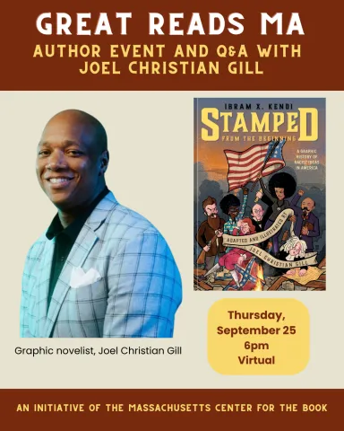 Graphic promoting a virtual author event with Joel Christian Gill, showcasing his book "Stamped." Event date: Thursday, September 25 at 6 PM.