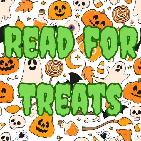 Green, bubbly "Read for Treats" text over a Halloween-themed pattern with pumpkins, ghosts, skulls, candies, and potion bottles on a white background. Festive and playful.