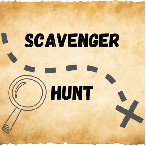 A magnifying glass and dotted line leading to an X is on a parchment-paper background with the words "Scavenger Hunt".