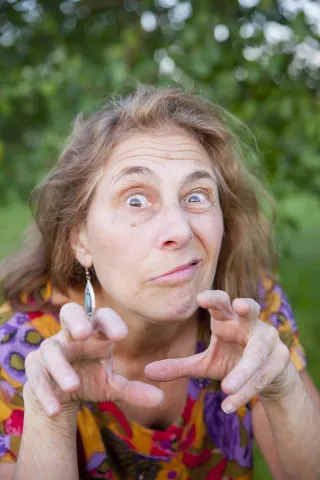 A photo of performer Rona Leventhal making a fun and creepy face.