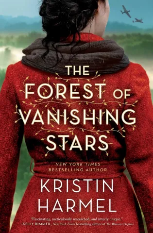 A woman with dark hair, seen from behind, wears a red coat, standing in a misty forest. Overhead, two planes fly. Text reads "The Forest of Vanishing Stars" by Kristin Harmel.
