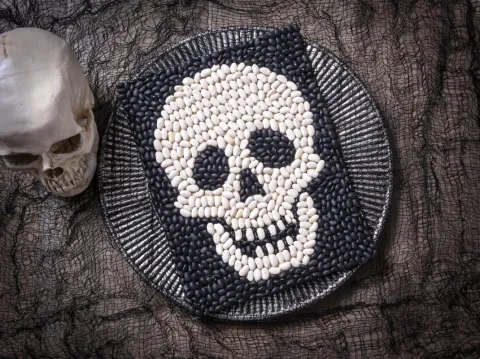 A skull made out of white and black beans.