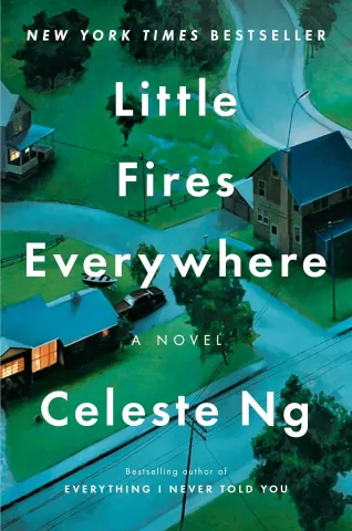 Cover of "Little Fires Everywhere" by Celeste Ng. Aerial view of suburban houses on winding streets at dusk, emitting warm light, creating a mysterious yet inviting atmosphere.