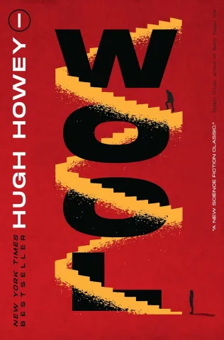 Cover of "Wool" by Hugh Howey. Bold, black letters spell "WOOL" on a textured red background, with yellow stairs winding through them. Two small human figures stand on the stairs, conveying mystery and intrigue.