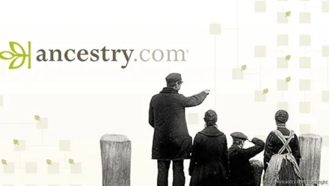 Ancestry.com logo with 4 people facing away pointing 
