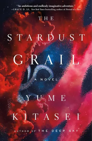 Colorful book cover featuring vibrant nebulae in red, pink, and blue tones. Text reads "The Stardust Grail" by Yume Kitasei. Enigmatic cosmic atmosphere.
