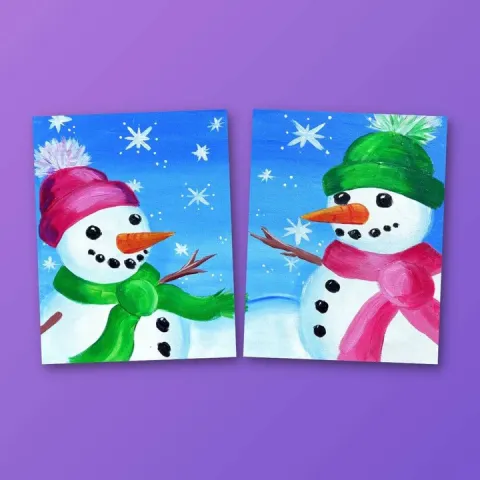 Two paintings of snow friends on a purple background.