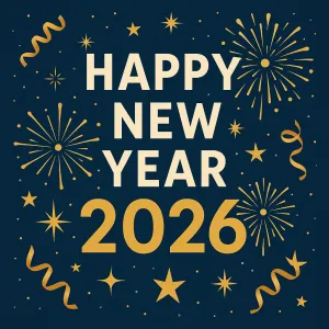 A dark navy blue text with "Happy New Year 2026" text surrounded by confetti and fireworks.