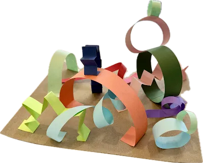 A sculpture made out of colorful strips of paper.