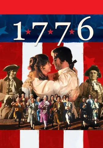 "1776 movie poster with a couple in historical attire dancing in the center, surrounded by marching colonial soldiers. Bold colors evoke a patriotic theme."
