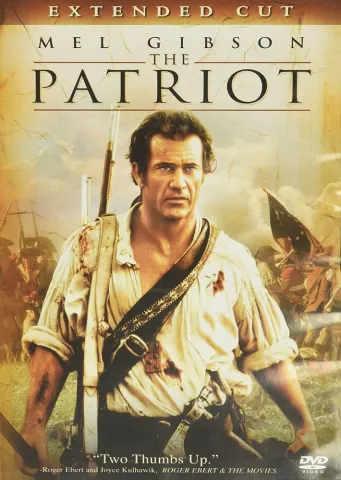 DVD cover of "The Patriot," featuring a man in a stained colonial uniform holding weapons, set against a battle scene. The tone is intense and dramatic.