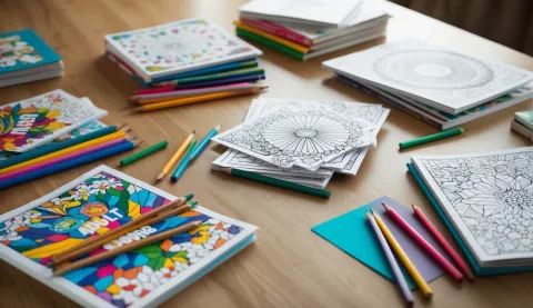 A wooden table with adult coloring books, intricate designs, and colored pencils scattered around, creating a vibrant and creative atmosphere.