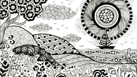 A zentangle landscape done in black and white.