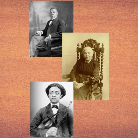 Three black-and-white portraits on a textured background: a man in a suit seated confidently, a woman in a wooden chair, and a man holding a violin.