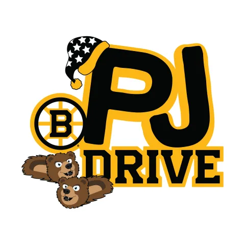 Stylized text "PJ Drive" in yellow and black with a bear paw hat on "P." Features two cartoon bear slippers and a Boston Bruins hockey logo on a black background.