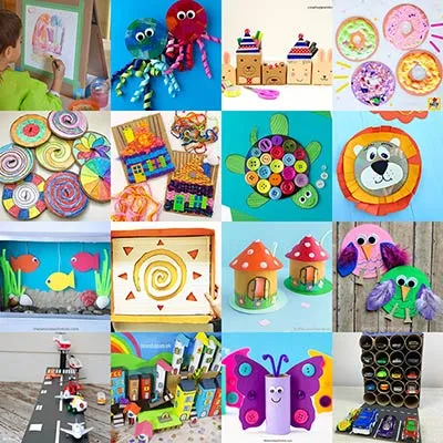 Examples of crafts made with recycled items.