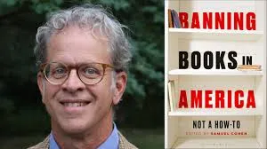 A smiling person with gray hair and glasses is on the left. On the right, there's a book cover titled "Banning Books in America" set against a bookshelf.