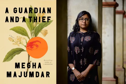 Cover of "A Guardian and a Thief" featuring a botanical illustration with an orange and leaves. Beside it, a woman in a dark floral dress stands calmly.