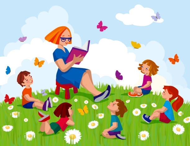 Clip art of a librarian reading a book to children sitting in the grass.