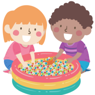 Clip art of two young children with their hands in a sensory bin.