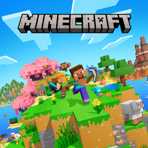 Minecraft characters run in the grass, with the Minecraft logo at the top.