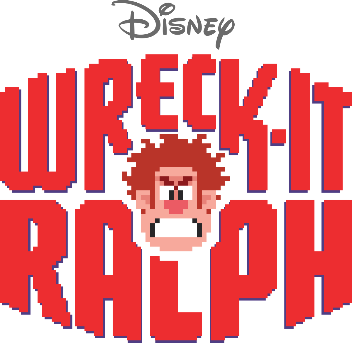 Red lettering that reads "Wreck It Ralph" with a pixelated face of a growling Ralph.