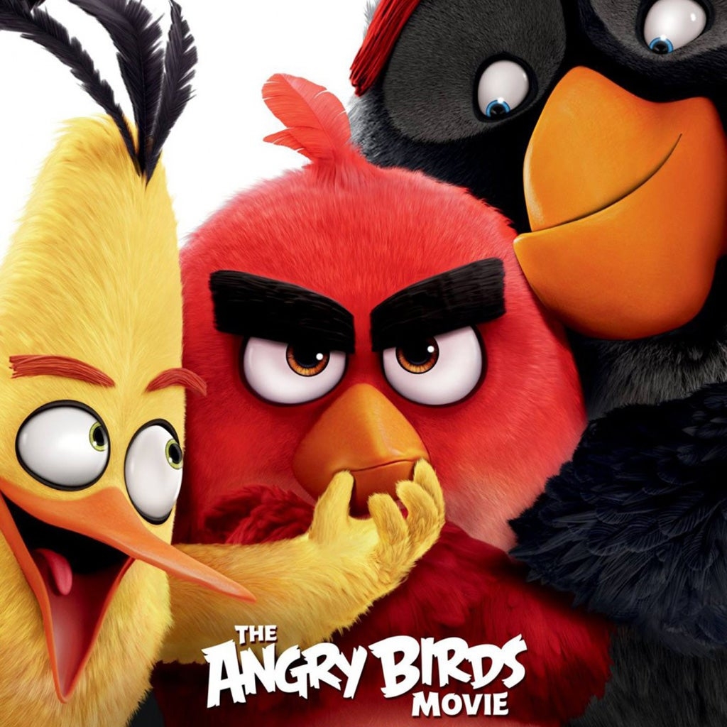 A yellow bird, a red bird, and a black bird behind the text "The Angry Birds Movie".