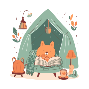Inside a cozy tent, a cat is focused on reading a book, surrounded by a warm, inviting atmosphere.