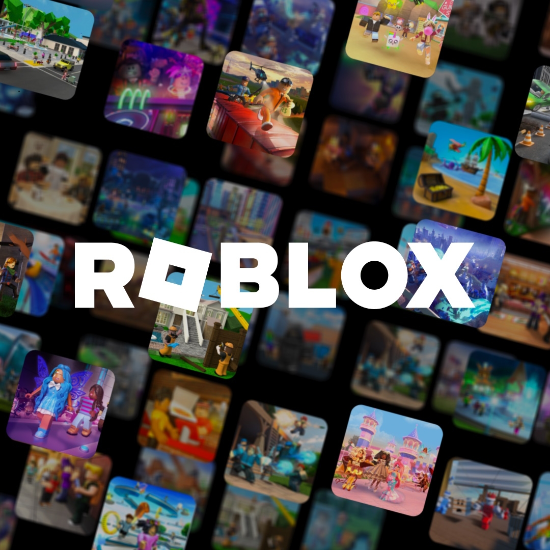 Roblox logo with square Roblox images in background.