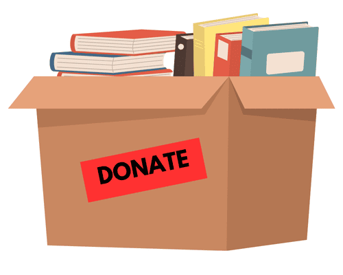 Clip art of cardboard box labeled "Donate" filled with books.
