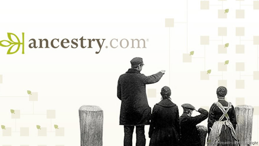 Ancestry.com logo with 4 people facing away pointing 