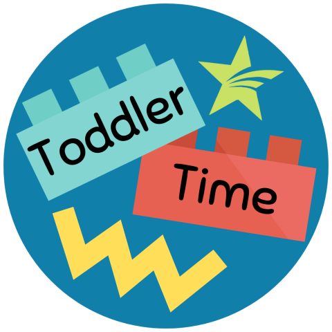 A blue circle with a blue and red Lego brick featuring the text "Toddler Time".