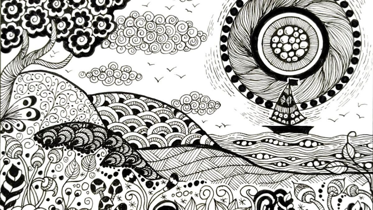 A zentangle landscape done in black and white.