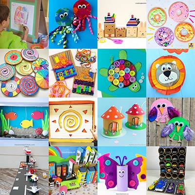 Examples of crafts made with recycled items.