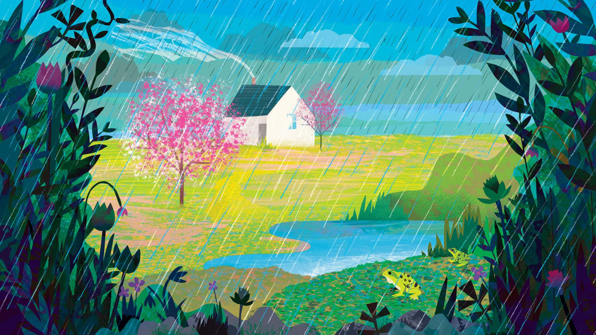 A painting of a rainstorm in spring.