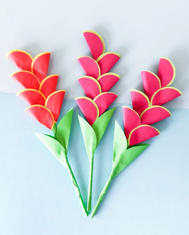 Heliconia flowers made out of colored paper.