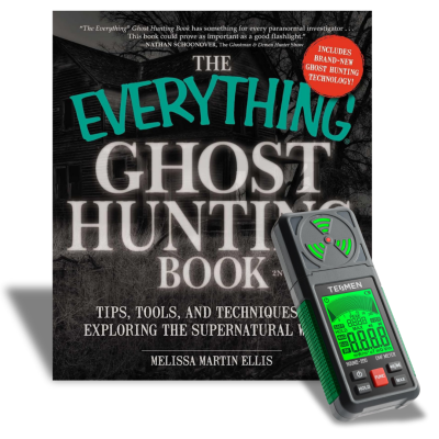 Book cover of "The Everything Ghost Hunting Book" by Melissa Martin Ellis, featuring dark, eerie imagery of an old building and an EMF meter device.