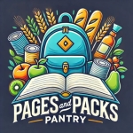 Pages & Packs Pantry graphic of food pantry items, a backpack, and an open book