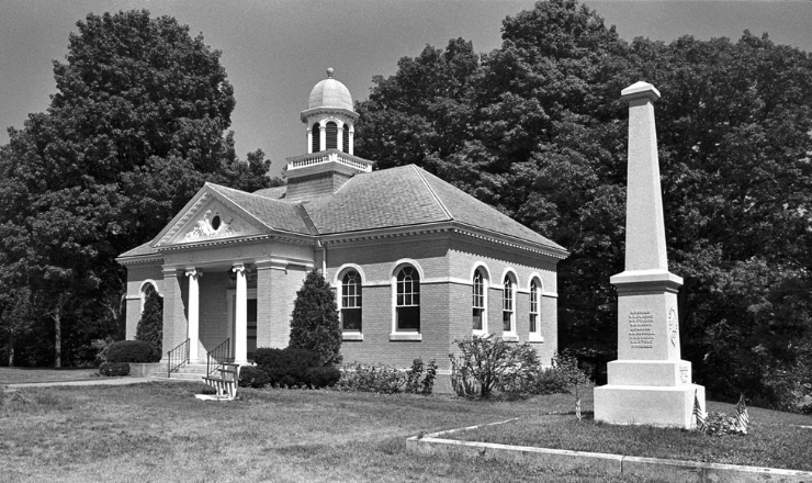 Black and white photo of the library building
